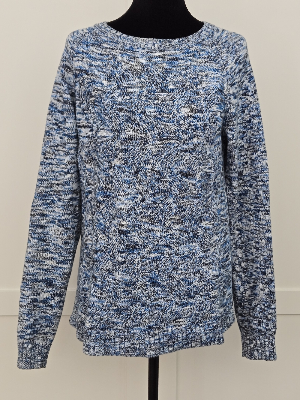 Lands' End Blue White Marled Knit Fisherman Crewneck Pullover Sweater Medium